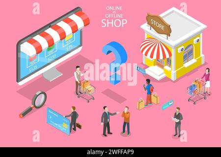 Isometric flat vector concept of comparison of online and offline businesses, inbound and outbound marketing, promotion campaign. Stock Vector