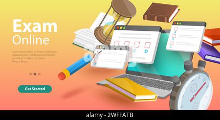 Online Testing, Questionnaire Form, Internet Quiz or Survey, Distant Education. 3D Isometric Flat Vector Conceptual Illustration. Stock Vector