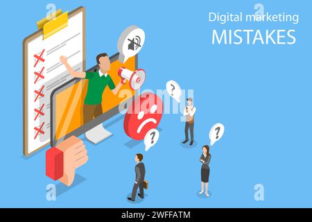 3D Isometric Flat Vector Conceptual Illustration of Digital Marketing Mistakes, Wrong Strategy, SEO Errors. Stock Vector