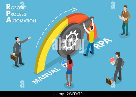 3D Isometric Flat Vector Conceptual Illustration of RPA - Robotic Process Automation, Improving Productivity of Business Processes. Stock Vector