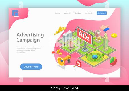 Isometric flat vector landing page template of outdoor advertising, city advertisement billboards and banners, outbound marketing campaign. Stock Vector