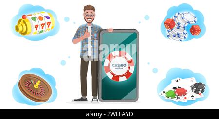 3D Isometric Flat Vector Conceptual Illustration of Mobile Gambling Platform for Live Poker, Roulette, Slot Machine and Dices. Stock Vector