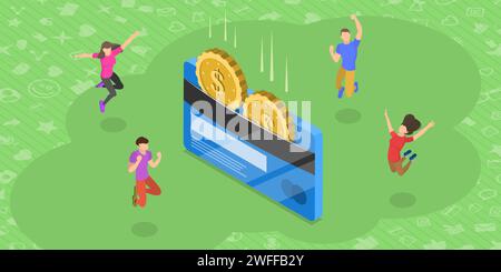 Isometric Flat Vector Concept of Loyality Program and Cashback, Saving Money, Online Shop Promotion, Bonus Card. Stock Vector