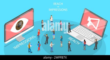 3D Isometric Flat Vector Conceptual Illustration of Reach vs Impression, Total Number of People Who See Content vs. Number of Times Content is Display Stock Vector