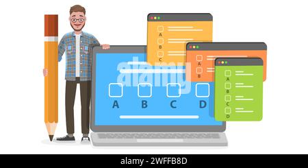 3D Isometric Flat Vector Conceptual Illustration of Online Exam, Questionnaire Form, Internet Quiz or Survey, Distant Education. Stock Vector