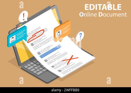 3D Isometric Flat Vector Conceptual Illustration of Editable Online Document, Text Editing Together. Stock Vector