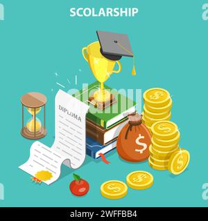 3D Isometric Flat Vector Conceptual Illustration of Scholarship and Investment in Education. Stock Vector