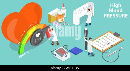 3D Isometric Flat Vector Conceptual Illustration of High Blood Pressure, Medical Checkup. Stock Vector