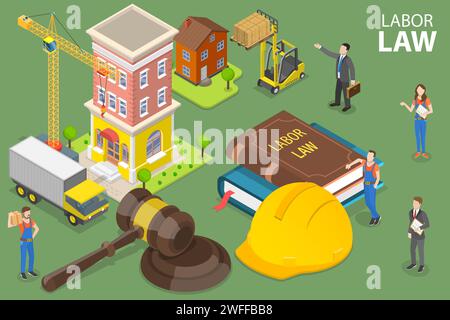3D Isometric Flat Vector Conceptual Illustration of Labor and Construction Law. Stock Vector