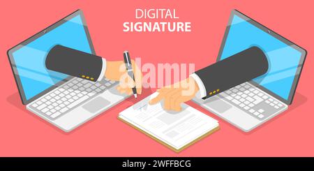 3D Isometric Flat Vector Conceptual Illustration of Digital Signature, Agreement or Legal Deal Online Signing. Stock Vector