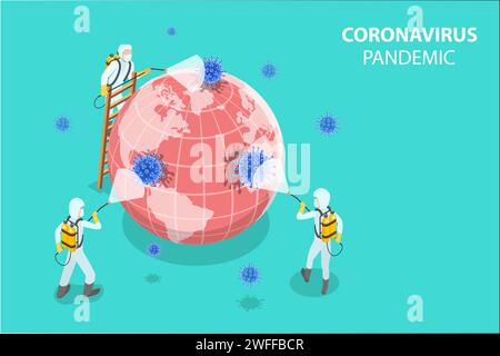 3D Isometric Flat Vector Concept of Scientists are Disinfecting Coronavirus Cells, Preventive Measures Due to Covid-19, 2019-nCov Virus Outbreak. Stock Vector