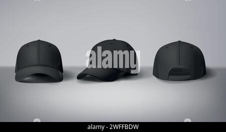 Black baseball caps mock up in gray background, front and back or different sides. For branding. Stock Vector