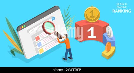3D Isometric Flat Vector Concept of SEO Ranking, Website Web Analytics, Optimization Marketing, Search Engine. Stock Vector