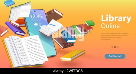 Online library concept with isometric bookcase on tablet screen and man ...