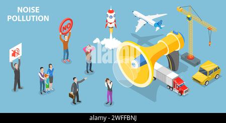 3D Isometric Flat Vector Conceptual Illustration of Noise Pollution, People are Suffering Over Urban Noises. Stock Vector