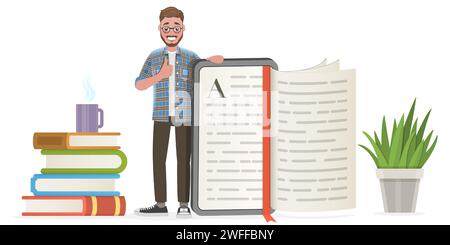 Isometric Flat Vector Conceptual Illustration of Literature Reading, Online Library, Distance Education. Stock Vector