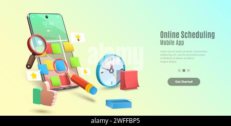 Concept of Mobile Scheduling App, Time Management Application. Vector Template For Web Banner or Website Landing Page. Stock Vector