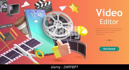 3D Isometric Flat Vector Conceptual Illustration of Mobile Video Editing App, Motion Design Studio Software, Multimedia Production. Stock Vector