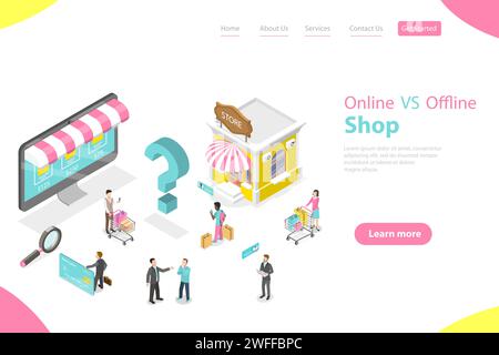 3D Isometric Flat Vector Landing Page Template of Comparison of Online and Offline Businesses, Inbound and Outbound Marketing, Promotion Campaign. Stock Vector