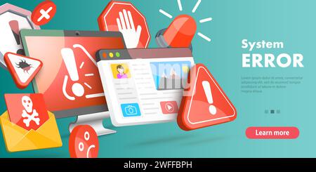 3D Vector Conceptual Illustration of System Error, Computer Virus, Alert Notification. Stock Vector