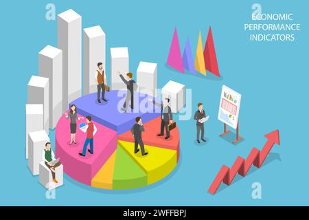3D Isometric Flat Vector Conceptual Illustration of Economic Performance Indicators, Measuring the Economy. Stock Vector