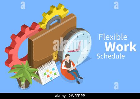 3D Isometric Flat Vector Conceptual Illustration of Flexible Work Schedule, Part-time Job. Stock Vector