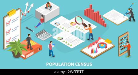 3D Isometric Flat Vector Conceptual Illustration of Population Census. Stock Vector