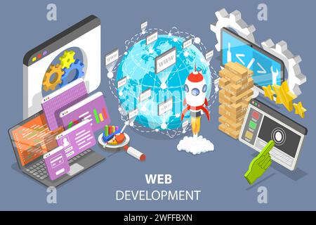 3D Isometric Flat Vector Conceptual Illustration of Web Development, Creating Websites and Mobile Apps. Stock Vector
