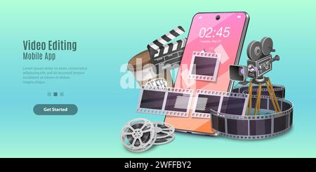 Concept of Mobile Video Editing App, Motion Design Studio Software, Multimedia Production, Video Blogging. Vector Template For Web Banner or Website L Stock Vector