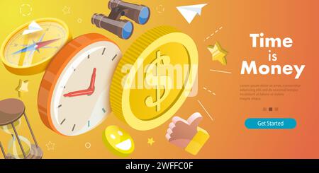 3D Isometric Vector Conceptual Illustration of Time is Money, Financial Investment, Time Management and Planning. Stock Vector