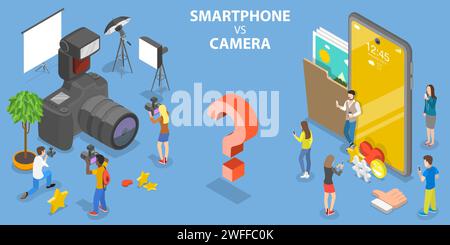 3D Isometric Flat Vector Conceptual Illustration of Smartphone VS Digital Camera. Stock Vector