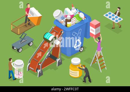 3D Isometric Flat Vector Conceptual Illustration of Expired and Unused Drugs Disposal. Stock Vector