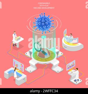 3D Isometric Vector Concept of Coronavirus Vaccine Research, Prevention 2019-nC0V Disease, Awareness and Alert Against Novel Virus, SARS-CoV-2 Illness Stock Vector