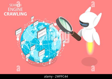 3D Isometric Flat Vector Concept of Search Engine Crawling Bot, SEO Algorithm, Web Page Optimization. Stock Vector