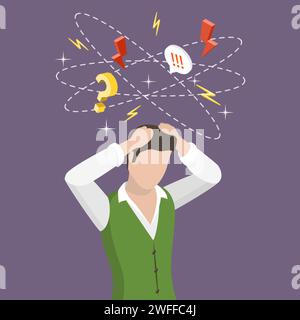 3D Isometric Flat Vector Conceptual Illustration of Hangover Syndrome, Emotional Stress, Anxiety and Dizziness. Stock Vector