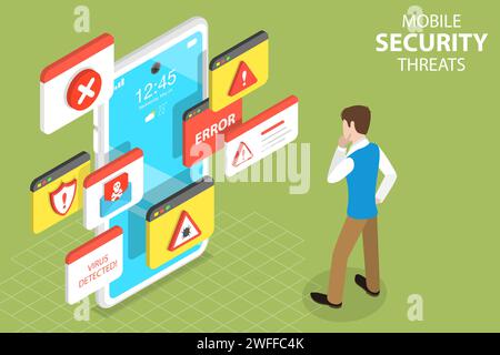 3D Isometric Flat Vector Concept of Mobile Security Threats, Computer Virus, Alert Notification, Cyber Security, Fraud Internet Error. Stock Vector