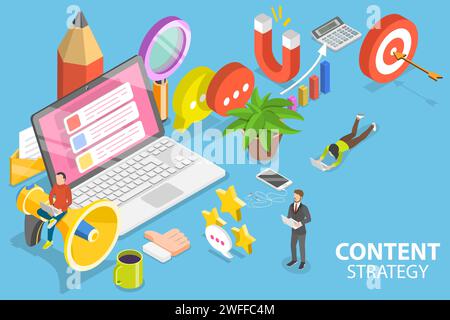 3D Isometric Flat Vector Conceptual Illustration of Engaging Digital Content Strategy, Content Journey. Stock Vector