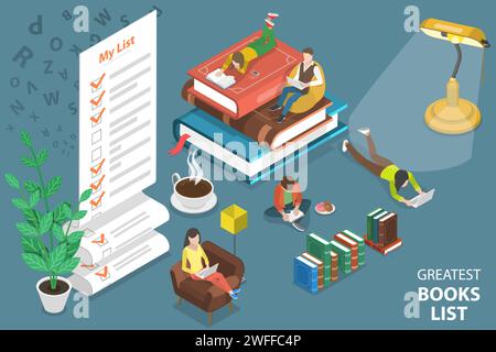 3D Isometric Flat Vector Conceptual Illustration of Greatest Books List, Readers Feedback, Recommended Reading. Stock Vector