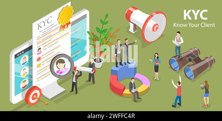 3D Isometric Flat Vector Concept of KYC - Know Your Customer, Anti-Money Laundering Guidelines, Process of Minimizing Financial Risks in Business Rela Stock Vector
