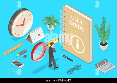 3D Isometric Flat Vector Concept of User Guide, Requirements and Specifications Document, Manual Instructional Book. Stock Vector