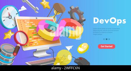 3D Vector Conceptual Illustration of DevOps, Software Development and IT Operations. Stock Vector