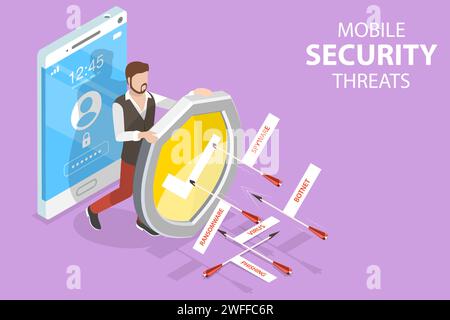 3D Isometric Flat Vector Conceptual Illustration of Mobile Security Threats, Confidential Data Protection. Stock Vector