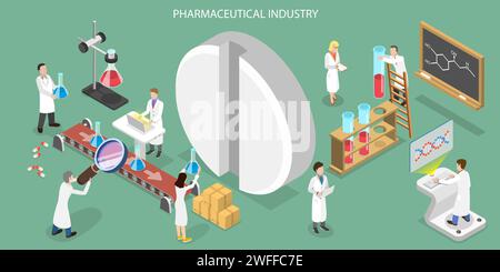 3D Isometric Flat Vector Conceptual Illustration of Pharmaceutical Industry, Medical Laboratory and Conveyor Belt Packing Drugs. Stock Vector