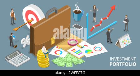 3D Isometric Flat Vector Conceptual Illustration of Building an Investment Portfolio as a Bunch of Assets Like Stocks, Bonds Mutual Fund and so on. Stock Vector