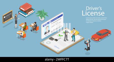3D Isometric Flat Vector Conceptual Illustration of Driving School, Passing Exams and Getting a Driver License. Stock Vector