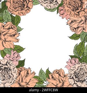 Roses flowers wreath. Vector border frame. Peach fuzz. Hand drawn sketch artwork. Love bohemia concept for wedding invitation, card ticket, branding, Stock Vector