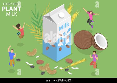 3D Isometric Flat Vector Concept of Dairy Free Plant Milk, Vegan Healthy Drink Based on Rice, Almond, Oat, Hazelnut and Soya. Stock Vector