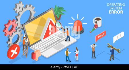 3D Isometric Flat Vector Conceptual Illustration of Operating System Error or 404 Error Web Page. Stock Vector