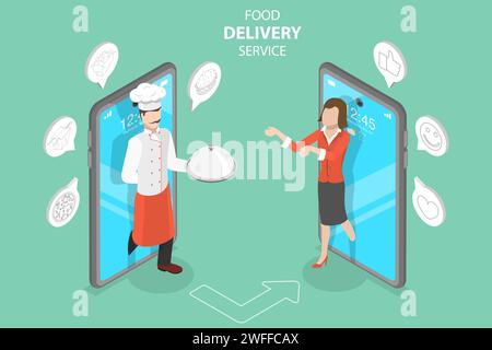 3D Isometric Flat Vector Concept of Food Delivery Service, Restaurant and Cafe Online Food Order App. Stock Vector