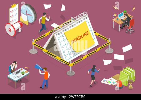 3D Isometric Flat Vector Conceptual Illustration of Working Overtime at Deadline, Time Management. Stock Vector